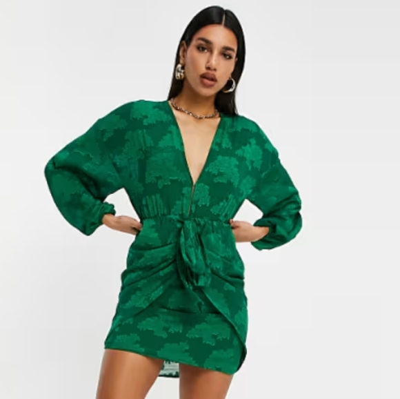 ASOS DESIGN plunge tie front mini dress in floral jacquard in green NWT Sz 4 - Picture 5 of 11